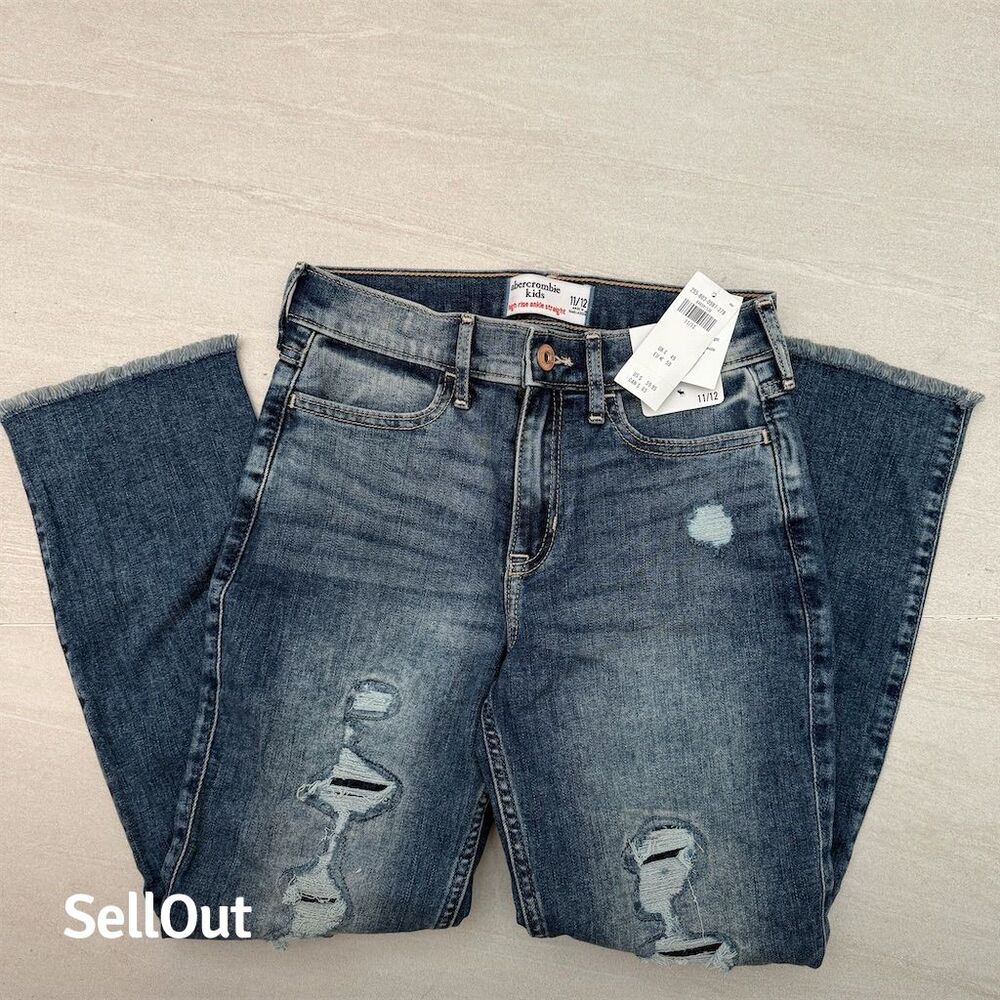Abercrombie Kids Girls Ankle Straight Jeans 11 Distressed Blue Denim